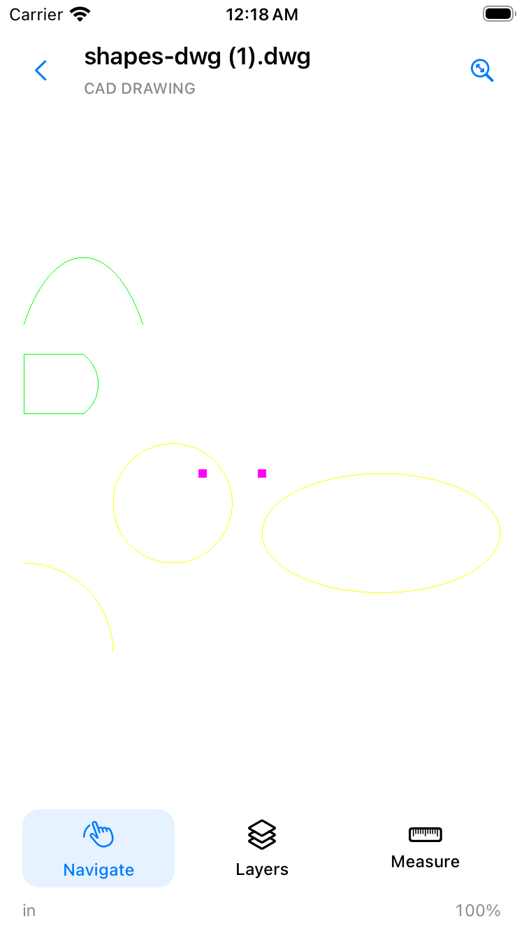 LinePocket displaying its public DWG shapes fixture in an iPhone simulator, with Navigate, Layers, and Measure controls